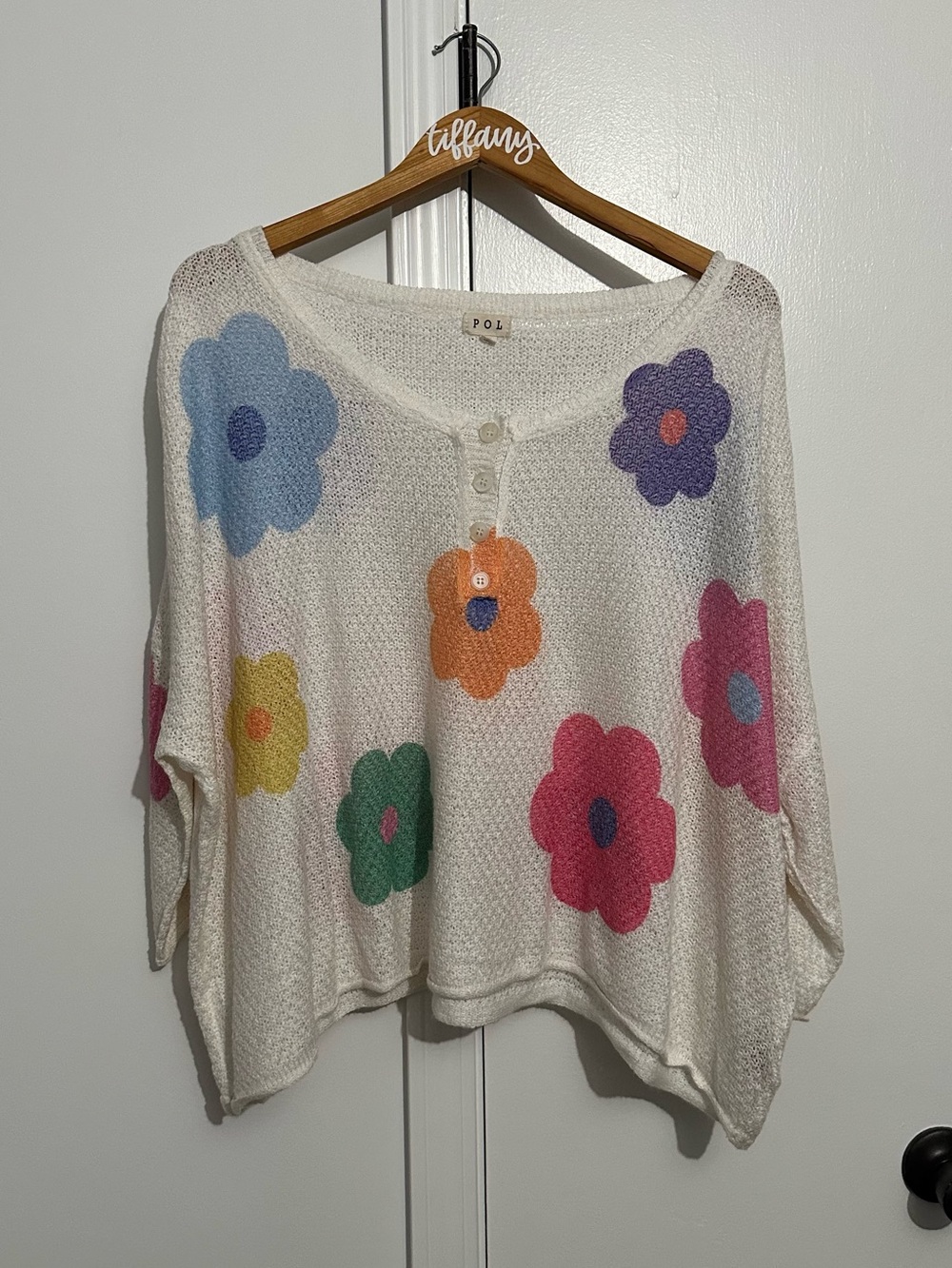 POL Ivory Knit Oversized Button-Front Sweater with Multicolor Floral Prints